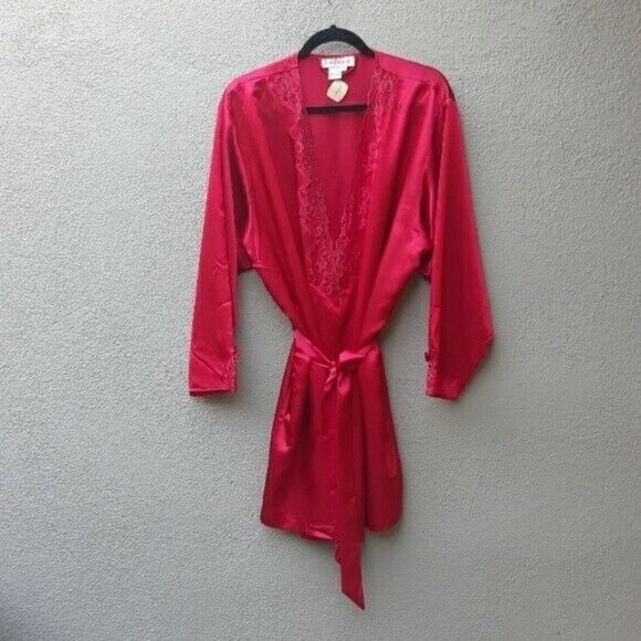 Vintage CACIQUE LINGERIE ROBE LG RED LACEY WRAP ROBE KIMONO NWT Dead Stock - Picture 4 of 13